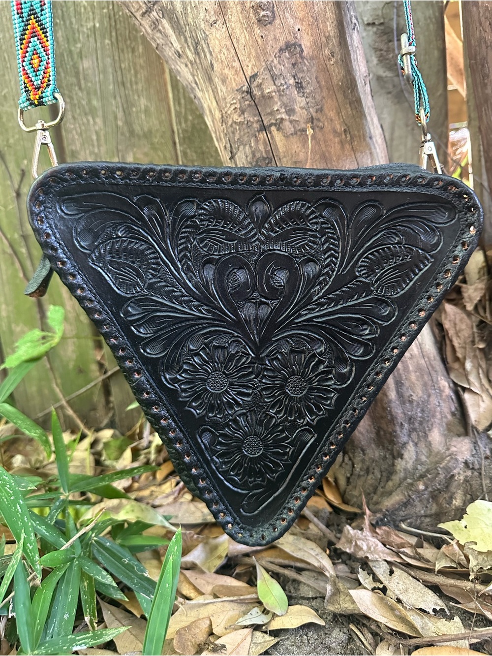 Tooled Floral UNIQUE Triangle Crossbody Bag with native American beaded strap.